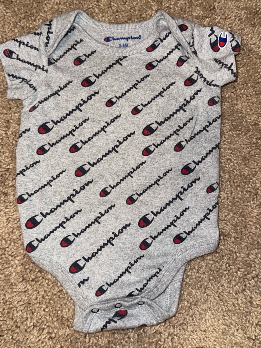Champion Heather Gray Bodysuit with Red & Navy Logo Print